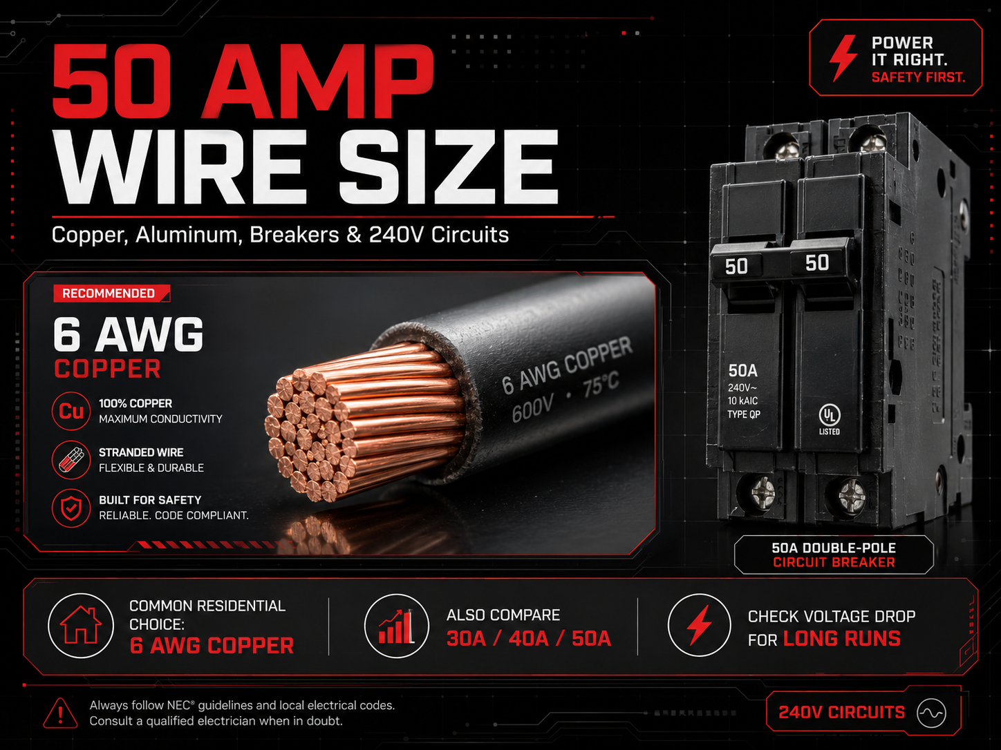 50 Amp Wire Size Guide: Choosing the Right Gauge for 30A, 40A, 50A and 240V Circuits