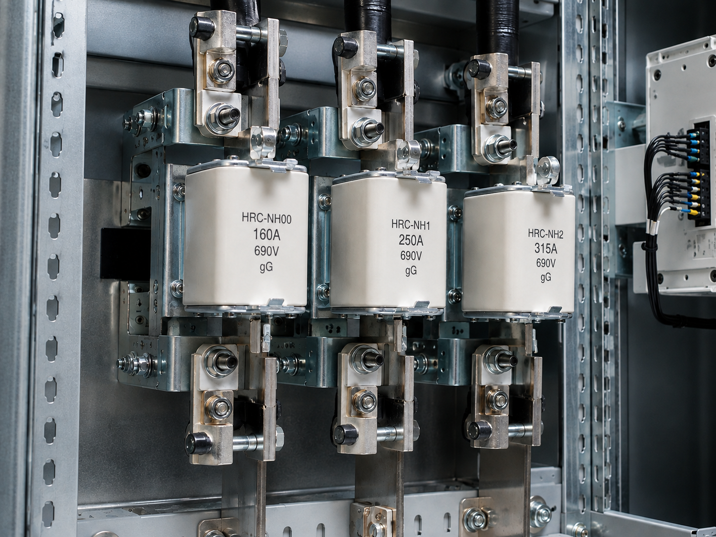 HRC fuse internal design showing ceramic body, fuse element, terminals, and arc-quenching material
